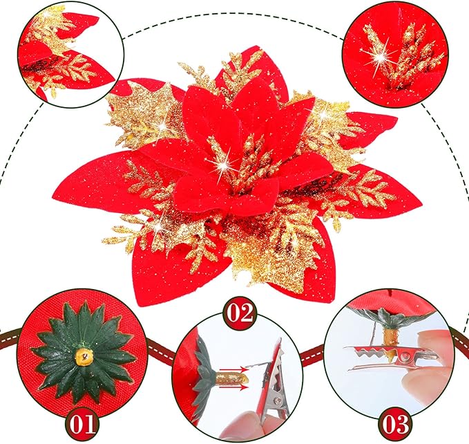 36 Pcs Christmas Glitter Artificial Poinsettia Flowers Xmas Poinsettia Artificial Wedding Flowers Decorations Xmas Tree Ornaments with Clips for Party, 6 Inch, 4 Inch, 3 Inch(Red and Gold)