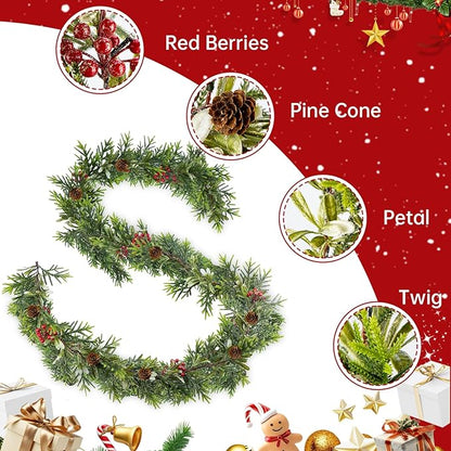 2Pack 6FT Christmas Garland – Artificial Norfolk Pine Olive Garland with Red Berries, Pinecones & 20 Warm LED Timer Lights – Holiday Garland for Home, Wedding, Party Decorations