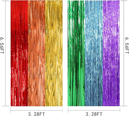 5 Pack Rainbow Party Backdrop Streamers Decorations Colorful Foil Fringe Curtains Metallic Tinsel Backdrop for Birthday First Day of School Engagement Baby Shower Christmas Holiday Party Decor