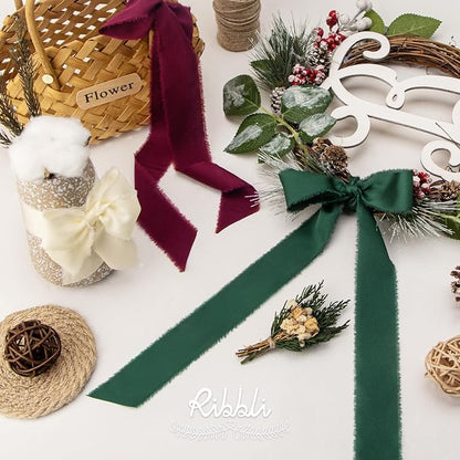 Ribbli Burgundy Ivory Green Silk Satin Ribbon 1.5 Inch x 30 Yard Handmade Frayed Chiffon Christmas Ribbon for Gift Wrapping Wedding Invitations Bridal Bouquets Home Decor