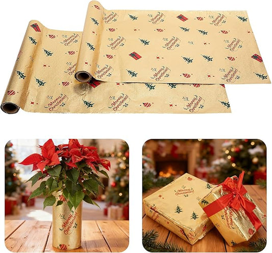 Adnee 2 Roll 10 Yard Floral Foil Plant Pot Covers, Matte Texture Christmas Plant Pot Foil with Patterns, Golden Floral Pot Wrapping Paper for Christmas Home Flower Pot DIY decor