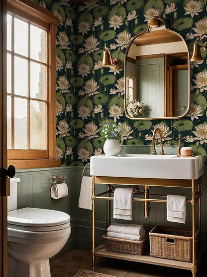 Orainege Vintage Floral Peel and Stick Wallpaper Floral Contact Paper 16.9"x196.8" Lotus Leaf Wallpaper Peel and Stick Self Adhesive Wall Paper for Bedroom Bathroom Covering Wall Decorative