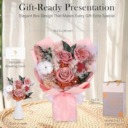 Preserved Bouquet of Flowers - Flesh Forever Flowers for Delivery, Real Eternal Roses Bouquet for Mother Mom, Wife Anniversary Birthday Gifts for Women, Carnation Pink
