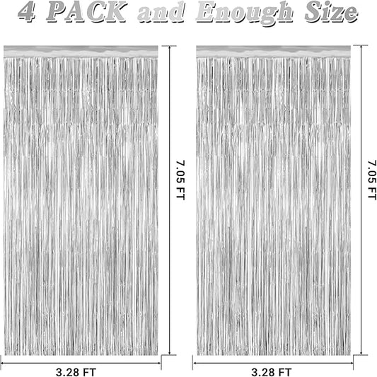 4 Pack Party Decorations, Metallic Silver Backdrop, Photo Booth Props Silver Curtains Tinsel Backdrop Foil Streamer, 21st Birthday Decorations Bachelorette Decor