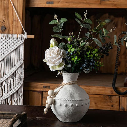 Rustic Ceramic Vase with Boho Wooden Beads, Matte Decorative Pottery for Modern Farmhouse and Bohemian Decor, Floral Arrangements, Living Room, Dining Table Centerpieces