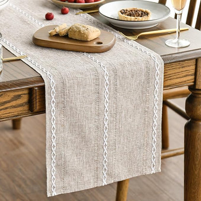 Artoid Mode Brown Rustic Cotton Linen Table Runner, Seasonal Embroidered Hollow Kitchen Dining Table Decoration for Home Party Decor 13x60 Inch