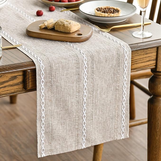 Artoid Mode Brown Rustic Cotton Linen Table Runner, Seasonal Embroidered Hollow Kitchen Dining Table Decoration for Home Party Decor 13x108 Inch