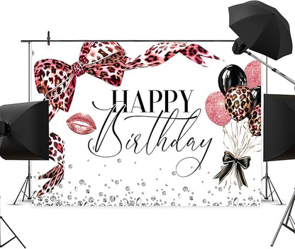 Pink Leoprad Bow Backdrop 7Wx5H Photography Happy Birthday Girls Lips Dimonds Black Brown Bowknot Balloons Background Fashion Elegant Bday Party Decorations Banner Photo Booth Props Supplies