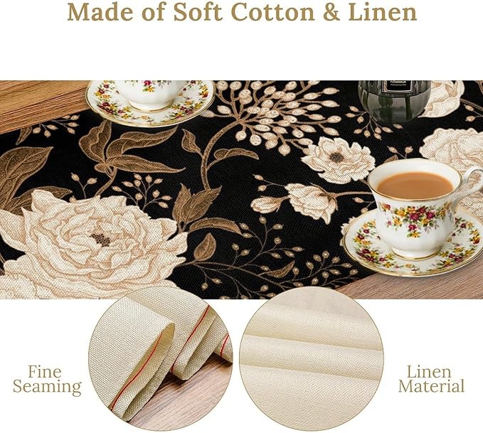 Vintage Flowers Table Runner,Black Gold Peony Rose Print Table Runner for Home Kitchen Table Dining Indoor Outdoor Party Decor 13x120 Inch