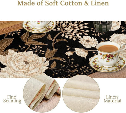 Vintage Flowers Table Runner,Black Gold Peony Rose Print Table Runner for Home Kitchen Table Dining Indoor Outdoor Party Decor 13x108 Inch
