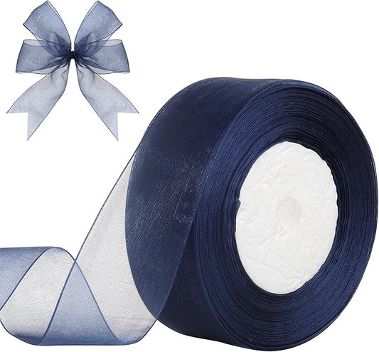 1-1/2 Inch x 50 Yards Sheer Organza Ribbon Chiffon Ribbon for Gift Wedding Flower Bouquet Wrapping Decorations Crafts (Navy Blue)
