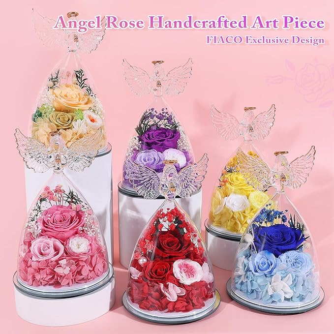 FIACO Gifts for Women Mom Christmas Preserved Rose Fresh Flowers for Delivery Birthday Gifts for Grandma Mother Wife Friends Forever Flower Eternal Purple Roses in Glass Angel Figurines