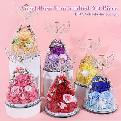 FIACO Gifts for Women Preserved Rose Forever Flower in Glass Angel Figurine Fresh Flowers for Delivery Mothers Day Birthday Gifts for Mom Grandma Wife Sister Pink