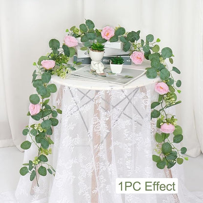TOCHGREEN 2 Pack 13Ft Artificial Eucalyptus Flower Garland with Pink Camellia, Fake Flower Greenery Garland Floral Vines for Wedding Home Party Room Table Runner Decor (2PCS, Pink)