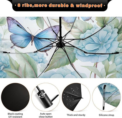 Automatic Folding Umbrella Windproof Strong, UV Protection Compact Floral Hydrangea Hummingbird Sun Rain Sun Rain Travel Umbrellas for Women Men