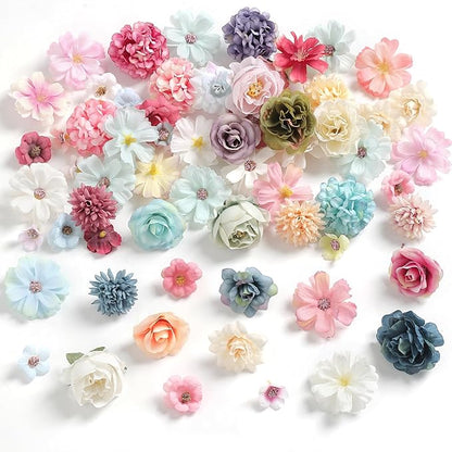 Faux Flower Heads Mini Charming Color Artificial Flower Heads Fake Peony Daisy Rose Flowers Multicolor Small Silk Daisy Flower Heads for Craft Garland Wedding Party DIY Home Decoration