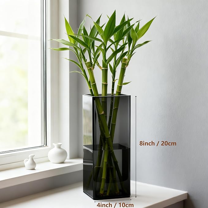 Acrylic Square Flower Vase, Non-breakable Vase, 4" x 4" x 8" Tall Grey Vases for Flower, Large Cube Floral Plant Container, Planter Terrarium for Wedding Party Event, Home Office Decor