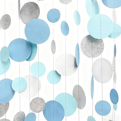 Dusty Blue Silver White Polka Dots Garland Hanging Paper Circle Dot Streamer for Nautical Baby Shower Birthday Wedding Engagement Bridal Shower Retirement Graduation Hen Party Decorations Supplies