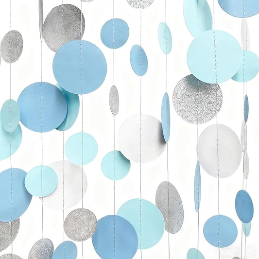 Dusty Blue Silver White Polka Dots Garland Hanging Paper Circle Dot Streamer for Nautical Baby Shower Birthday Wedding Engagement Bridal Shower Retirement Graduation Hen Party Decorations Supplies