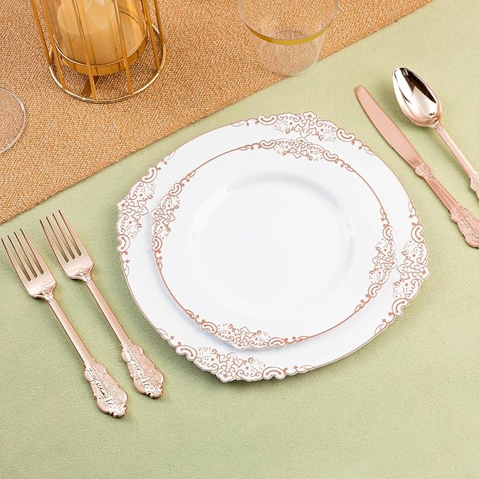 75PCS Rose Gold Plastic Silverware for 25 Guests, Heavy Duty Rose Gold Disposable Utensils Sets, Includes 25 Forks, 25 Spoons, 25 Knives, Elegant Cutlery Perfect for Wedding or Party