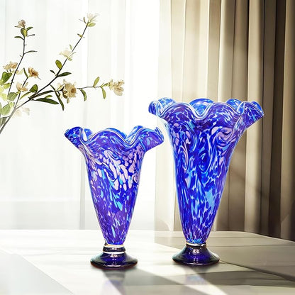 Luxury Lane Hand Blown Cobalt Blue Confetti Art Glass Flower Vase for Home Decor 10 inch Tall Centerpiece Table Decoration