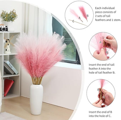 9 Stems Pink Pampas Grass - 38 Inch Large Fluffy Faux Pompous Grass Decor, Long Artificial Colored Pompas Floral for Vase Filler, Wedding Centerpieces and Home Decor (Pink)