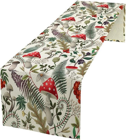 Rustic Botanical Mushroom Table Runner Wildflower Garden Flower Nautre Plants Herbs Seasonal Dinner Runner for Farmhouse Kitchen Dining Cabin Home Holiday Party Table Decor 13x36in