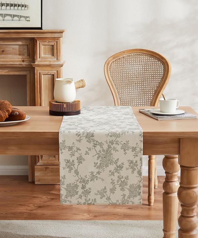 100% Cotton French Pastoral Table Runners, 13x60 Inch Green Farmhouse Table Runners 60 Inches Long, Vintage Flowers Print Home Decors