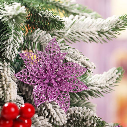 Boao Light Purple 24 Pieces Poinsettia Flower Christmas Glitter Artificial Poinsettia with Clips Christmas Tree Ornament Decorations for DIY Xmas Wreath Holiday Home Party Decor, 3/4/6 Inches