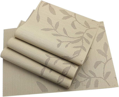 Gugrida Place Mats PVC Set of 6, Table Placemats Set of 6 PVC Washable Woven Vinyl Place Mats Heat Insulation Top Meal Mat Table Mats Natural Color (6 pcs, Gold Leaves), 18 x 12 inches