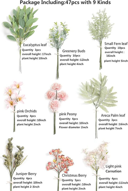 Serra Flora Artificial Greenery Stems Box Set,(Pack of 47pcs) with 9 Kinds of Faux Pink Green Filler for DIY Bridal Bouquets Wedding Floral Arrangement Table Centerpieces