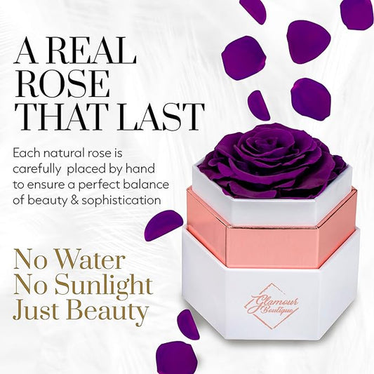GLAMOUR BOUTIQUE Eternal Preserved Roses in a Box - Flowers Forever, Rose Forever in a Box for Wife, Birthday Gifts for Her, Single Rose, Purple