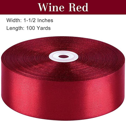 1-1/2 Inches 100 Yards Wine Red Satin Ribbon, Solid Fabric Ribbon Roll for Flower Bouquets, Gift Wrapping, Wedding, Handmade Crafts
