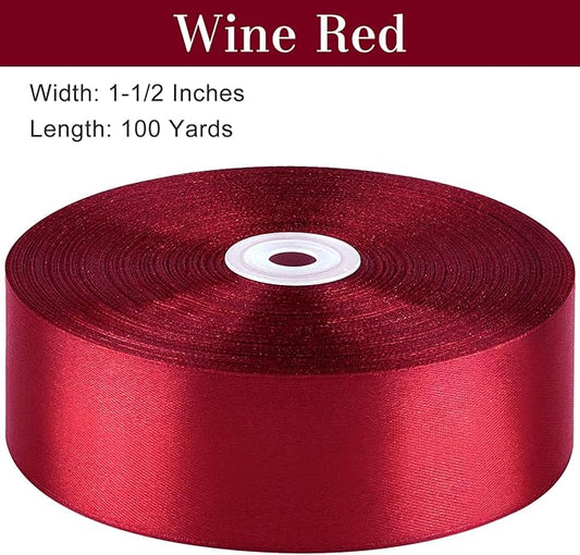 1-1/2 Inches 100 Yards Wine Red Satin Ribbon, Solid Fabric Ribbon Roll for Flower Bouquets, Gift Wrapping, Wedding, Handmade Crafts