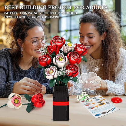 OKKIDY Roses Flowers Bouquet Building Set for Adults with Vase, Red Rose Artificial Flower Botanical Collection Plant Toy Kit, for Her Women Wife Mom, Home Decor(841PCS)