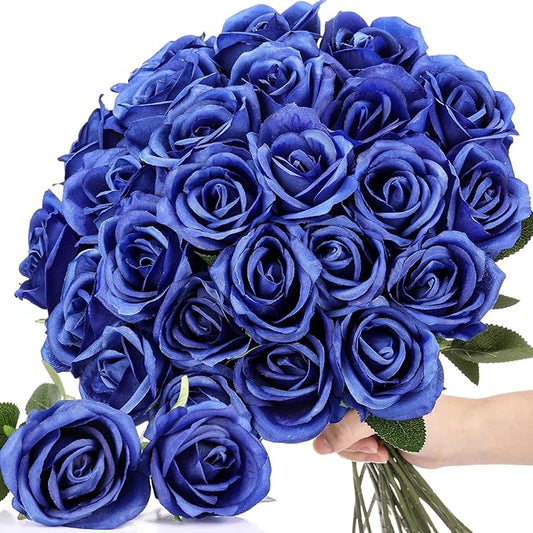 30 Pcs Rose Artificial Flowers in Bulk Real Touch Long Stem Silk Roses Bouquets Realistic Faux Flowers for Wedding Bridal Shower Home Decor Floral Arrangements Table Centerpiece(Royal Blue)