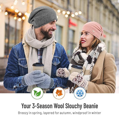 100% Wool Slouchy Beanie, Warm Beanie Hats for Women Breathable Knitting Skull Beanies Cap for Spring Fall Winter