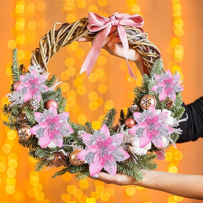 Geosar 36 Pcs Christmas Glitter Artificial Poinsettia Flowers Xmas Poinsettia Artificial Wedding Flowers Decorations Xmas Tree Ornaments with Clips for Party, 6 Inch, 4 Inch, 3 Inch(Pink and Silver)