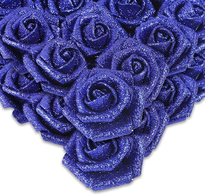 IPOPU Foam Roses,50pcs Royal Blue Glitter Roses Glitter Flowers Foam Flowers with Stem for DIY Wedding Bridal Bouquet Home Party Decoration(Royal Blue)