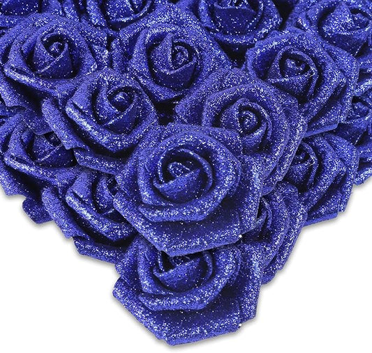 IPOPU Foam Roses,50pcs Royal Blue Glitter Roses Glitter Flowers Foam Flowers with Stem for DIY Wedding Bridal Bouquet Home Party Decoration(Royal Blue)