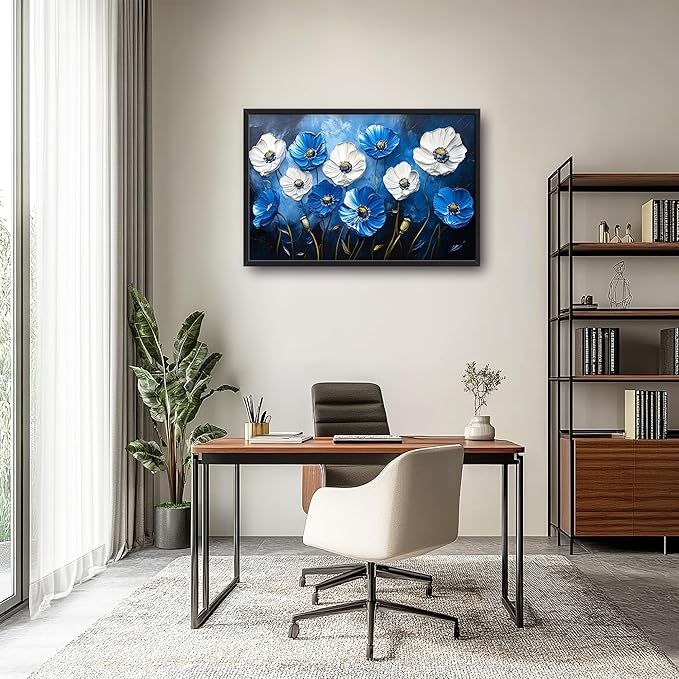 Poppy Large Wall Art Framed Blue Flower Wall Decor for Living Room, Poppies Pictures Oversized Canvas Print Painting Modern Extra Large Framed Artwork for Bedroom Office Home Decor 36"x24"