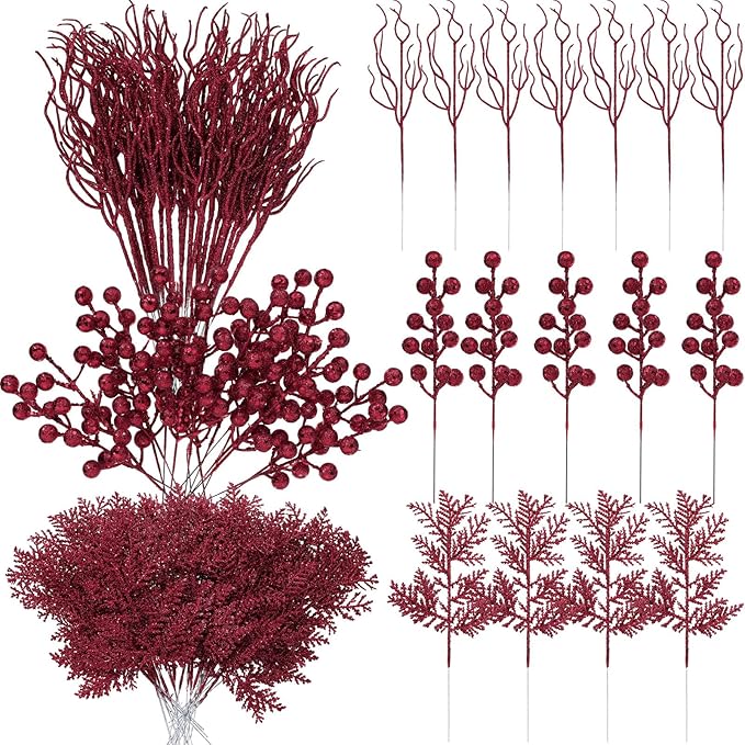 75 Pcs Christmas Glitter Branches 3 Styles Artificial Christmas Picks Berries Stems Pine Needles Floral Twig Spray for Xmas Tree Ornaments DIY Wreath Garland(Burgundy)