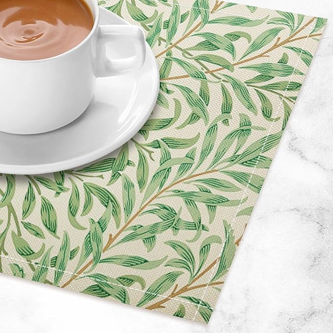 William Morris Vintage Botanical Placemats Set of 4, Retro Leaves Boho Plant Place Mats, Heat Resistant Non Slip Cotton Linen Dining Table Mats for Home Kitchen Party 18x12 Inch