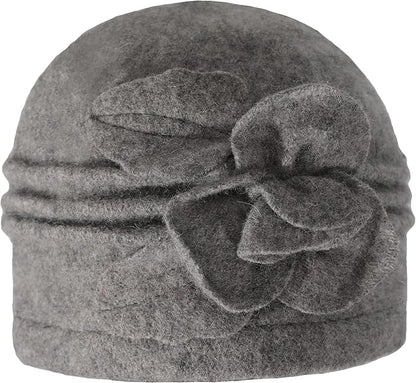 ZLYC Women Wool Cloche Bucket Hat 1920s Vintage Dress Winter Hats with Flower Accent