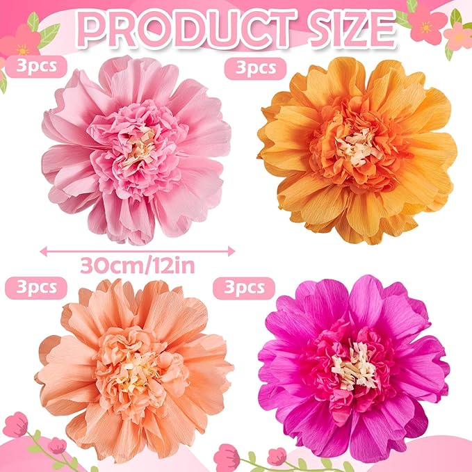 12PCS Tissue Paper Flowers，Handmade Colorful Giant Crepe Artificial Flowers Decorations for Wall,12 Inches Large Flowers for Wedding Birthday BabyShower Party Home Decor Supplies
