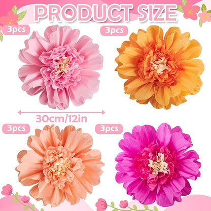 12PCS Tissue Paper Flowers，Handmade Colorful Giant Crepe Artificial Flowers Decorations for Wall,12 Inches Large Flowers for Wedding Birthday BabyShower Party Home Decor Supplies