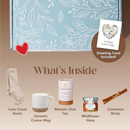 Unboxme Birthday Gift Basket for Women - Soothing Self Care Box with Fluffy Socks, Ceramic Mug, Chai Tea, Honey & Cinnamon for Mom, Sister, Friends and Coworkers