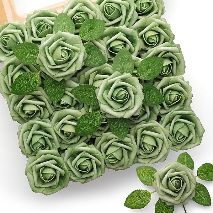 Mocoosy 50Pcs Rose Artificial Flowers, Sage Green Fake Roses for Decorations, Real Touch Foam Roses Bulk with Stems DIY Wedding Bouquets Elf Green Floral Arrangements Bridal Shower Party Home Decor