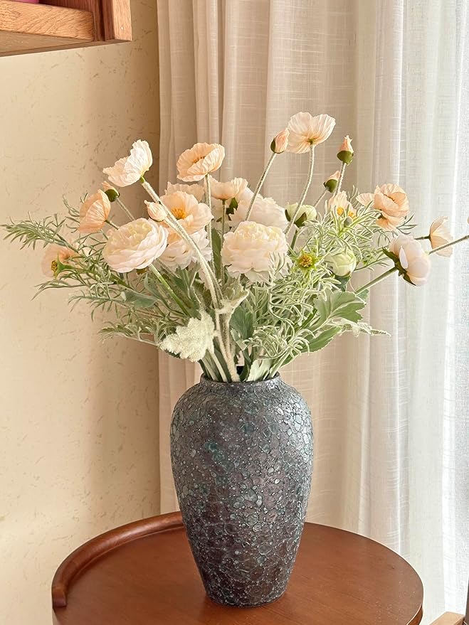 Set of 6 Poppies Flowers Artificial Silk Flowers with Long Stems Faux Wildflowers Bouquet for Vases Oil Pastel Style for Wedding Party Indoor Home Office Decor (Champagne)
