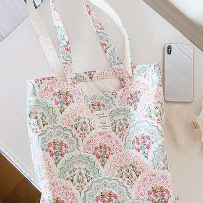 Cotton Canvas Tote Bag Reusable Soft Grocery Cloth Bag Floral Shoulder Bag for Beach Travel Shopping